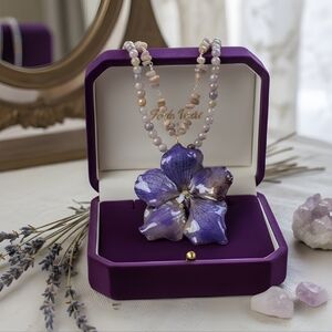 #408 HAND CRAFTED Necklace handcrafted Flower Resin Pearls Purple Beige Sunstone